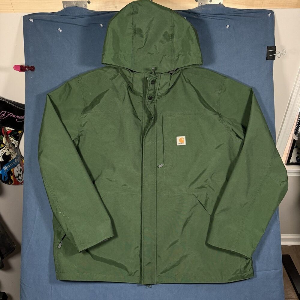 Carhartt Storm Defender Hooded Waterproof Heavyweight Rain Coat Jacket Green 2XL